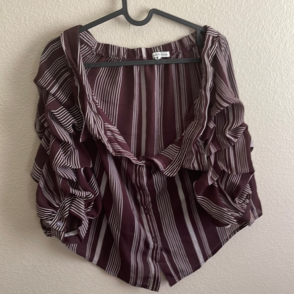 Off the shoulder purple and white stripped button up flowy shirt